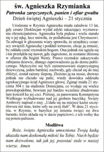 Obrazek św. Agnieszka. Św Agnieszka Rzymianka. Patronka zaręczonych, panien i ofiar gwałtu - 03956