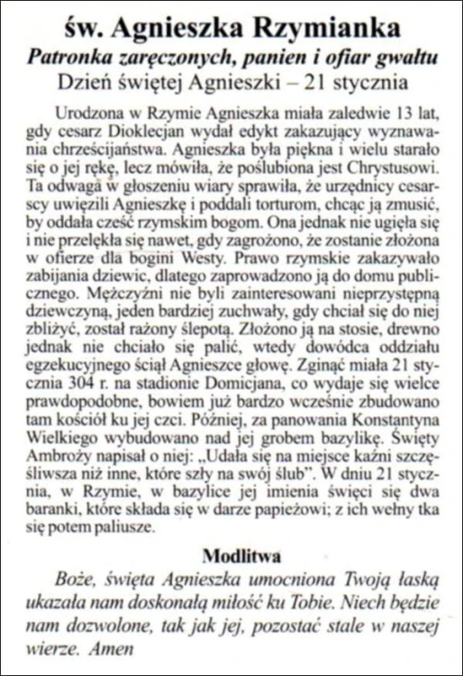Obrazek św. Agnieszka. Św Agnieszka Rzymianka. Patronka zaręczonych, panien i ofiar gwałtu - 03956