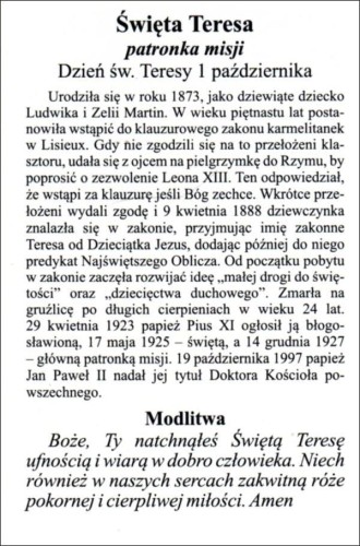 Obrazek laminowany św. Teresa od Dzieciątka Jezus. Patronka misji - 07441