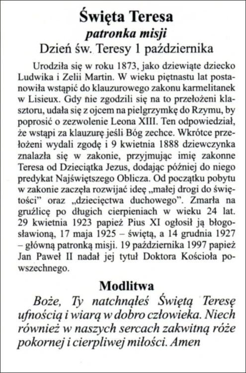 Obrazek laminowany św. Teresa od Dzieciątka Jezus. Patronka misji - 07441