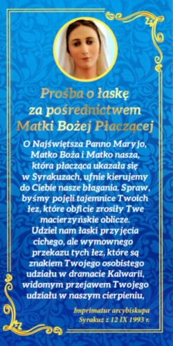 Zakładka do książki - Prośba o łaskę za pośrednictwem Matki Bożej Płaczącej - 08718