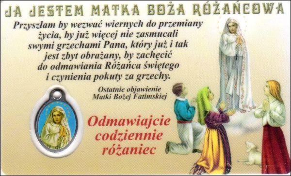 Medalik foliowany Matka Boża Różańcowa Ja jestem - medalik i obrazek z modlitwą zalaminowane - 08225