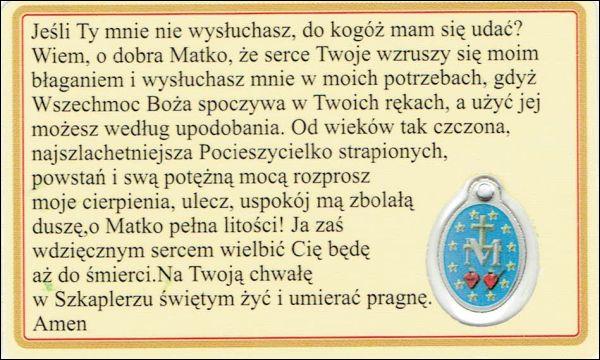Medalik foliowany Matka Boża Szkaplerzna - medalik i obrazek z modlitwą zalaminowane - 08213