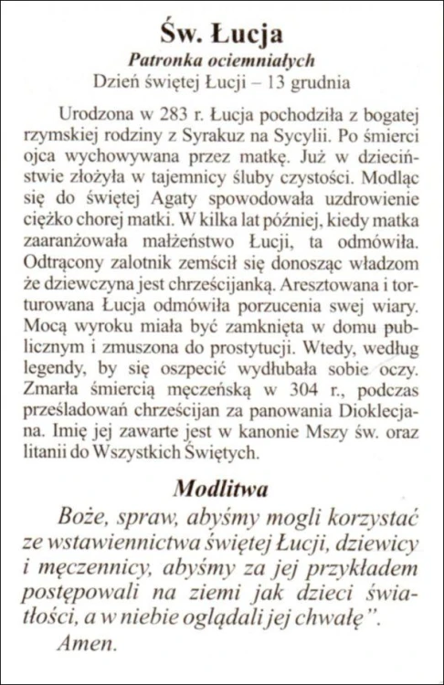 Obrazek laminowany św. Łucja. Patronka ociemniałych - 07542