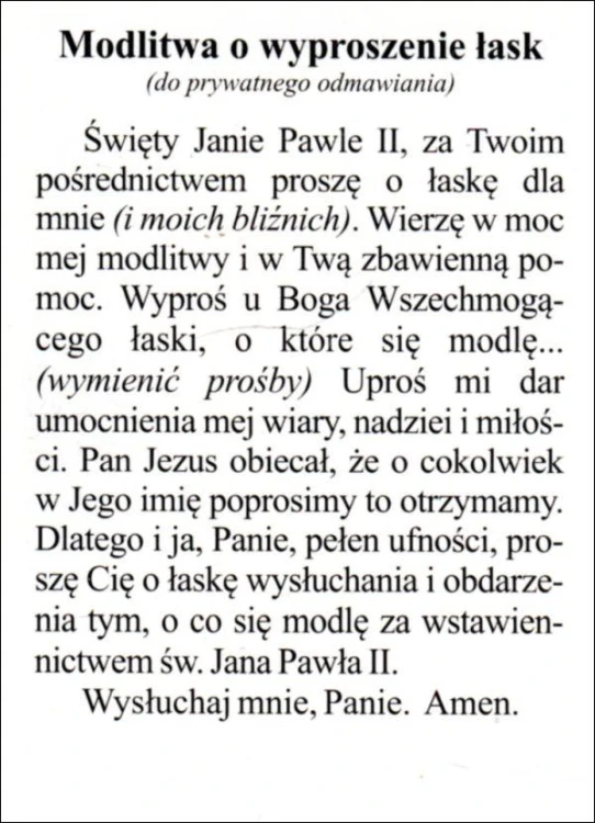 Obrazek laminowany św. Jan Paweł II. Modlitwa o wyproszenie łask - 07489