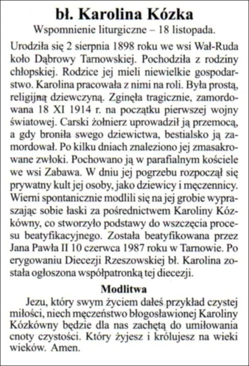 Obrazek laminowany bł. Karolina Kózka. Biografia, modlitwa - 07484