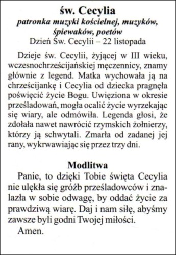 Obrazek laminowany św. Cecylia. Patronka muzyki kościelnej, muzyków, śpiewaków, poetów - 07461