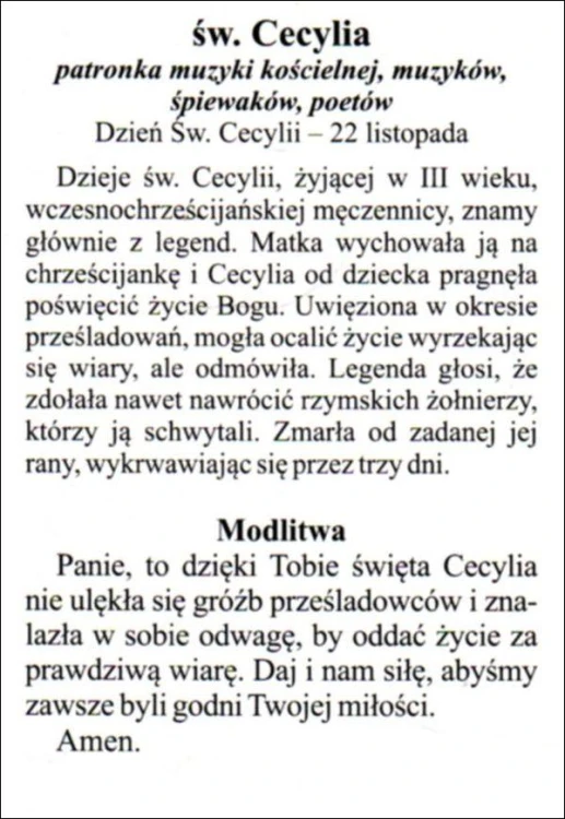 Obrazek laminowany św. Cecylia. Patronka muzyki kościelnej, muzyków, śpiewaków, poetów - 07461