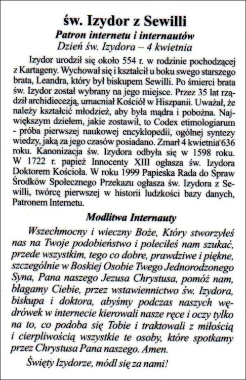 Obrazek laminowany św. Izydor z Sewilli. Patron internetu i internautów - 07442