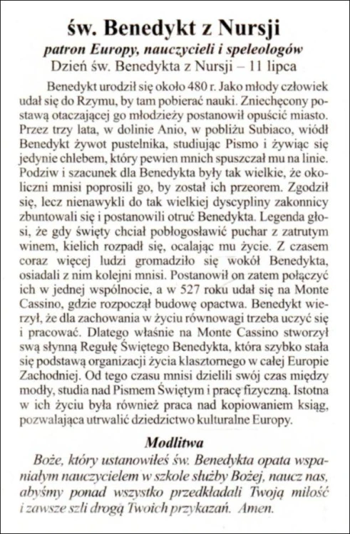 Obrazek laminowany św. Benedykt z Nursji. Patron Europy, nauczycieli i speleologów - 07383