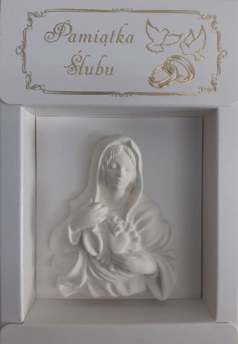 Pamiątka Ślubu w złoconym pudełku - płaskorzeźba Serce Matki Bożej gipsowa - 07289
