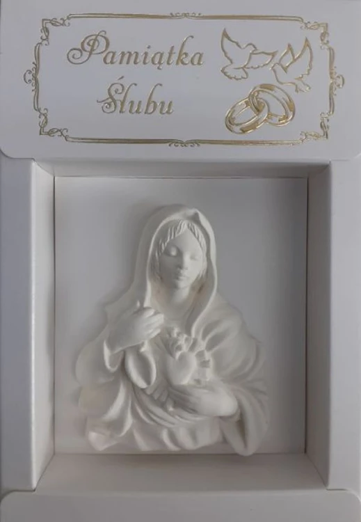 Pamiątka Ślubu w złoconym pudełku - płaskorzeźba Serce Matki Bożej gipsowa - 07289