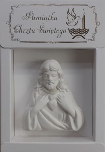Pamiątka Chrzest Św. w złoconym pudełku - płaskorzeźba Serce Pana Jezusa gipsowa - 07285