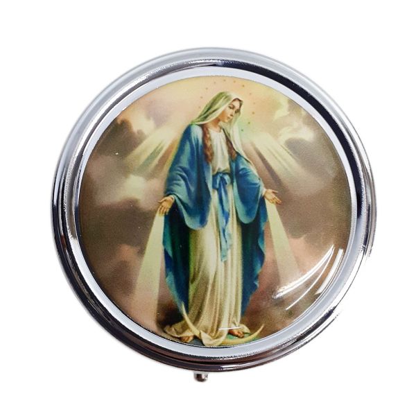Pudełko metalowe - Matka Boża Niepokalana okrągłe (śr.5,5cm wys.2,5cm) - 05466