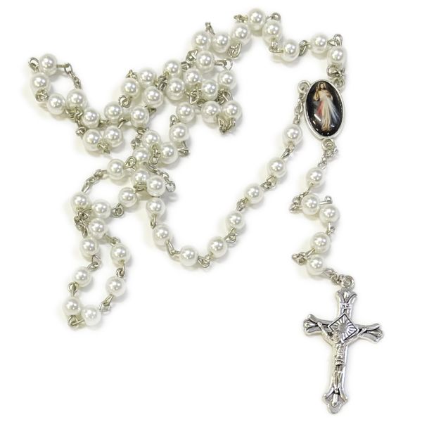 Różaniec kulka perła biała ł.Pan Jezus Miłosierny (kolor) - 05411