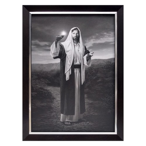 Obraz 50x70cm Pan Jezus niosący światło SZARY NA PŁÓTNIE rama ciemna z listwą     BL - 02231