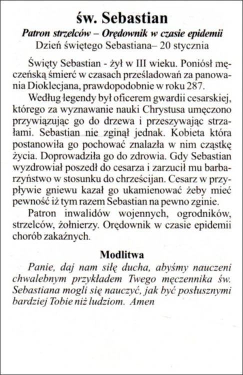 Obrazek św. Sebastian. Patron strzelców, inwalidów, ogrodników, żołnierzy, orędownik w czasie epidemii - 03441