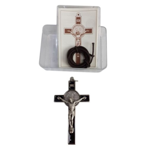 Krzyż wiszący metalowy św.Benedykta + rzemyk CZARNY w pudełku h7cm - 02016