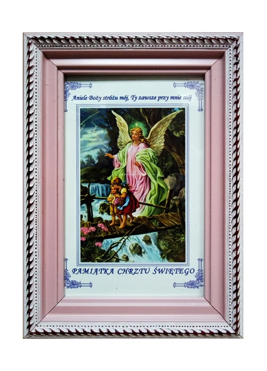 Obraz 10x15cm Anioł Stróż kładka rama RÓŻOWA ORNAMENT Pamiątka Chrztu Św. - 01025