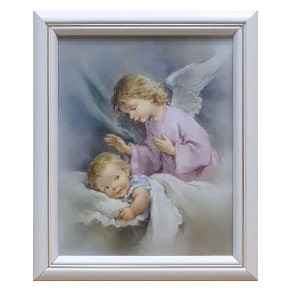 Obraz 23x28cm Anioł Stróż nad dzieckiem (różowa sukienka) RAMA BIAŁA - 00709