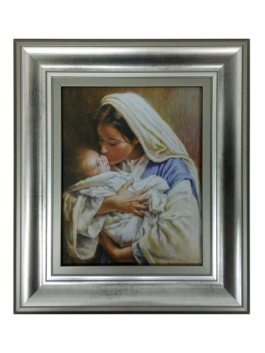 Obraz 20x25cm Matka Boża z Dzieciątkiem (pocałunek) NA PŁÓTNIE rama srebrna       BL - 00220