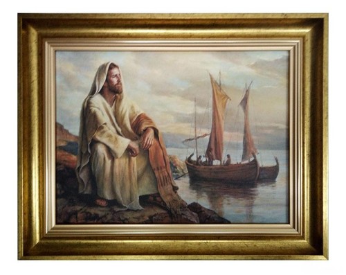 Obraz 30x40cm Pan Jezus siedzący nad jeziorem rama złota NA PŁÓTNIE - 00107