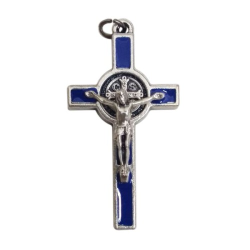 Krzyżyk wiszący metalowy św. Benedykt 3,5cm z wkładką NIEBIESKĄ - 08378