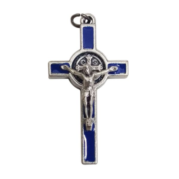 Krzyżyk wiszący metalowy św. Benedykt 3,5cm z wkładką NIEBIESKĄ - 08378