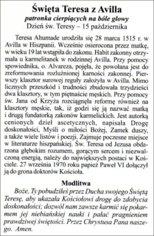 Obrazek św. Teresa od Jezusa. Patronka cierpiących na bóle głowy - 07140
