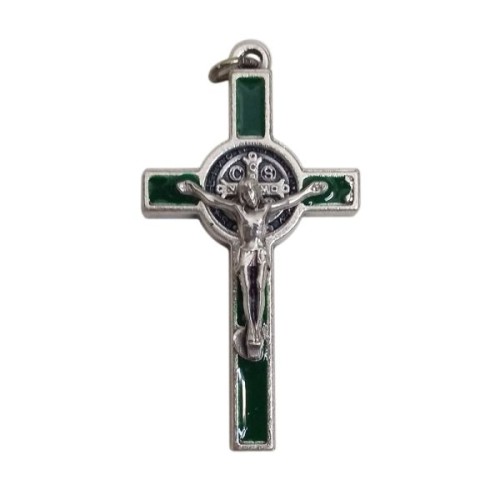 Krzyżyk wiszący metalowy św. Benedykt 3,5cm z wkładką ZIELONĄ - 08383