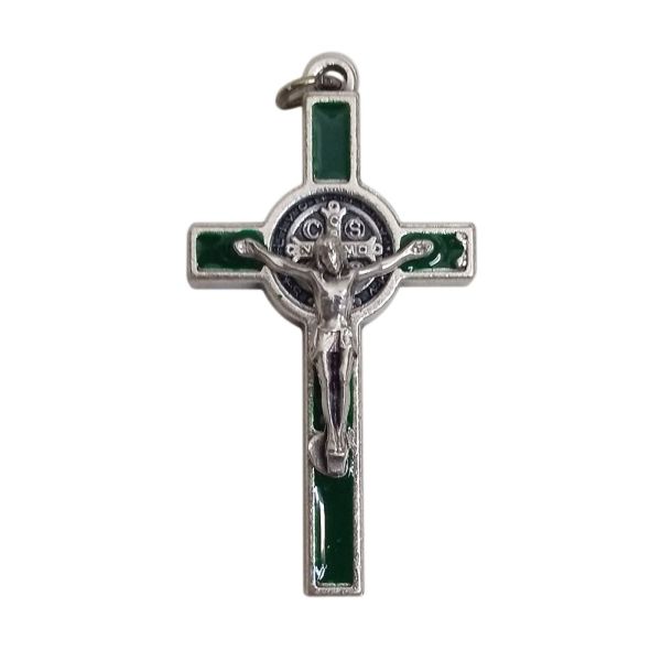 Krzyżyk wiszący metalowy św. Benedykt 3,5cm z wkładką ZIELONĄ - 08383