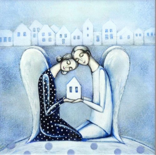Kafelek na ceramice 15x15cm  Anioły z domkiem - 68568
