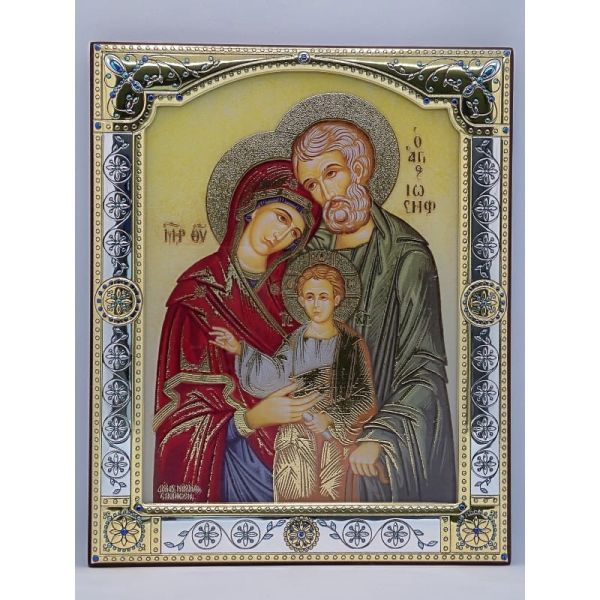 Ikona (grecka) srebrna kolorowa Św. Rodzina 11,5x14cm z szybką - 68422 8056216716572