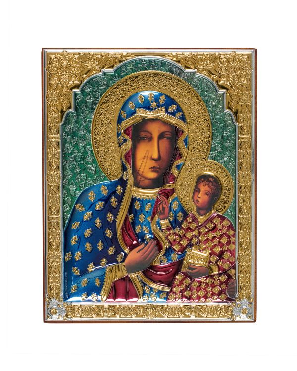 Ikona (grecka) srebrno-kolorowa pozłacana Matka Boża Częstochowska 10x12 cm - 68417 8052278739320