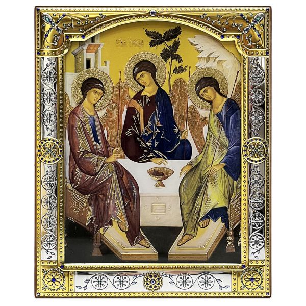 Ikona (grecka) srebrna kolorowa Trójca Rublowa 17x21 cm. z szybką - 67823