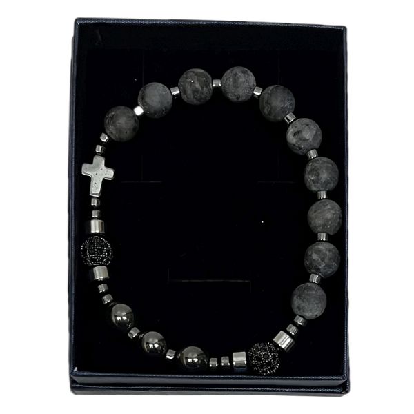 Bransoletka dziesiątka różańca LABRADORYT + HEMATYT *8mm na gumce w pudełku ozdobnym - 67580              