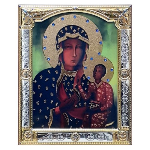 Ikona (grecka) srebrna kolorowa Matka Boża Częstochowska 16,5x21 cm z szybką - 67323