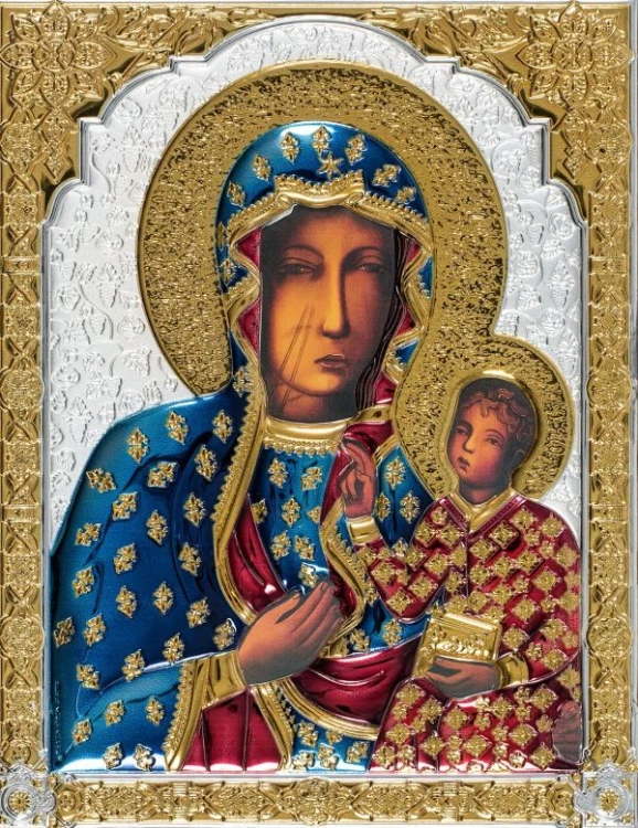 Ikona (grecka) srebrno kolorowa pozłacana Matka Boża Częstochowska 14x18cm - 67310