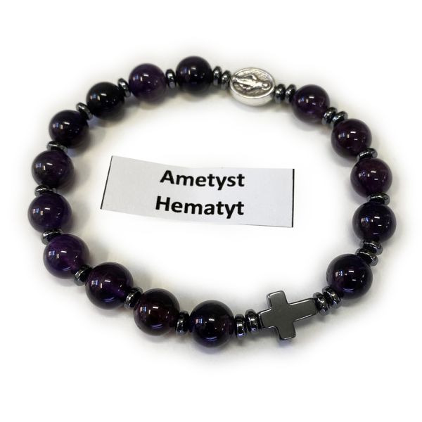 Bransoletka dziesiątka kamień naturalny - AMETYST + HEMATYT (różne wzory) - 67187
