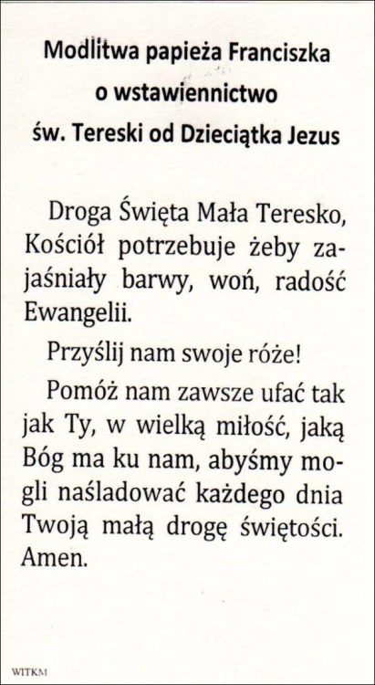 Obrazek Św. Teresa z Liseux. Modlitwa papieża Franciszka o wstawiennictwo św. Tereski od dzieciątka Jezus - ! - 66736