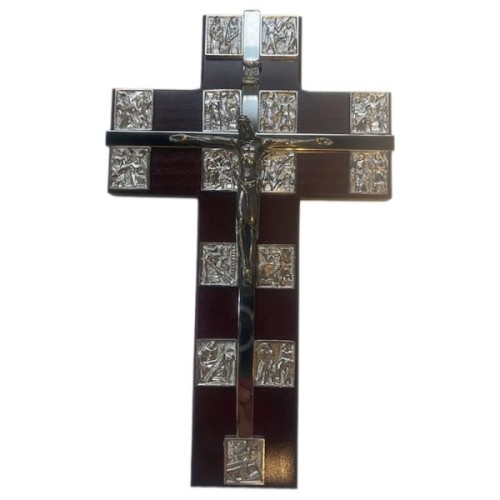 Krzyż wiszący drewniany h30cm z Drogą Krzyżową (SZEROKI) wiśnia-srebro - 66582 5902808100485
