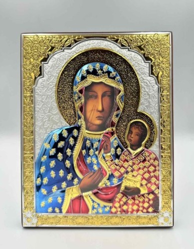 Ikona (grecka) srebrno-kolorowa pozłacana Matka Boża Częstochowska 10x13 cm - 65364