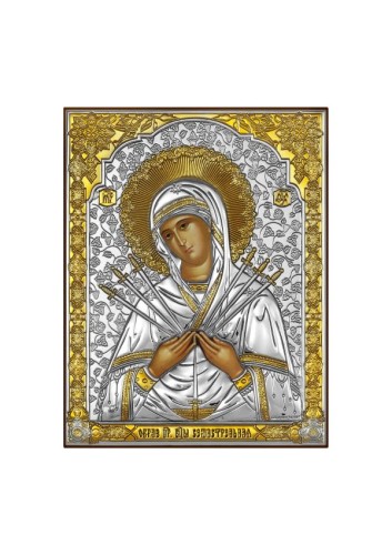Ikona (grecka) srebrna częściowo pozłacana Matka Boża Bolesna (miecze) 10x12,5 cm - 65363
