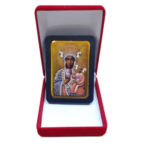Ikona MINI z magnesem Matka Boża Częstochowska 5x6,5cm ZŁOTE tło (r.CIEMNA) w pudełku - 65245