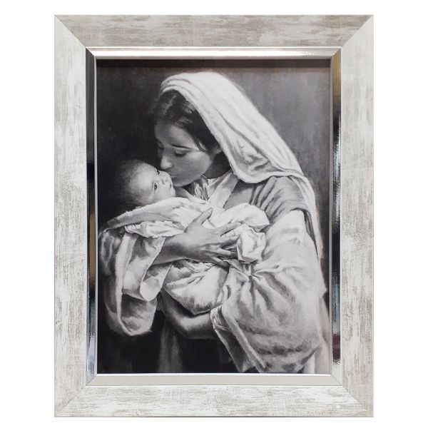 Obraz 30x40cm Matka Boża z Dzieciątkiem (pocałunek) SZARA NA PŁÓTNIE rama biało-srebrana - 64486
