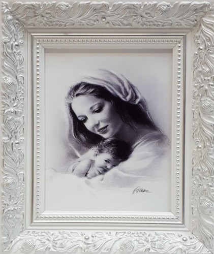 Obraz 30x35cm Matka Boża z dzieciątkiem SZARA rama biała ornament - 63776