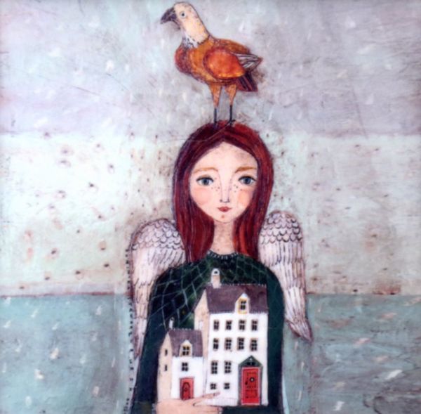 Obrazek - KAFELEK Anioł z domkiem 15x15cm (ceramiczny) - 63564