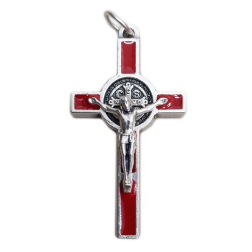 Krzyżyk wiszący metalowy św. Benedykt 3,5cm z wkładką CZERWONĄ - 63551