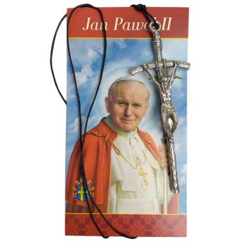 Krzyż wiszący metalowy papieski 11cm na rzemyku + obrazek Jan Paweł II - 63271