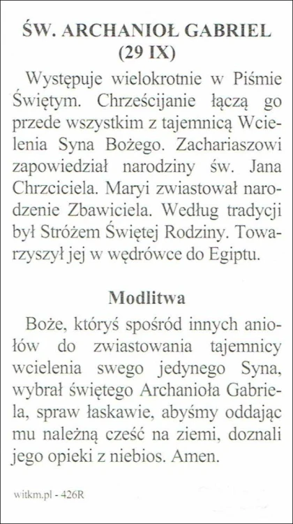 Obrazek św. Gabriel Archanioł. Modlitwa: Boże, któryś spośród innych aniołów... - ! - 63132